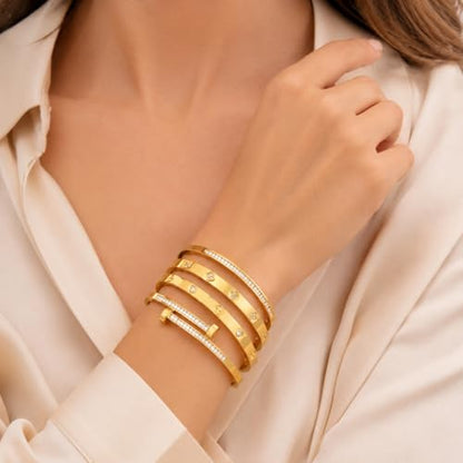 Gold Bangles for Women, 4 Pcs 18K Gold Plated Stainless Steel Stackable Bangle Bracelets, Non Tarnish CZ Bangles Set, Trendy Jewelry Gifts for Women - color: Gold-2