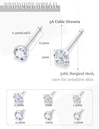 18G 20G 22G Round Cubic Zirconia Nose Rings Studs for Women Men 316L Stainless Surgical Steel Nose Ring Stud Piercing Jewelry Silver Gold Clear CZ 1.5mm 2mm 2.5mm 3mm - style: 24G (Thin) Straight Silver