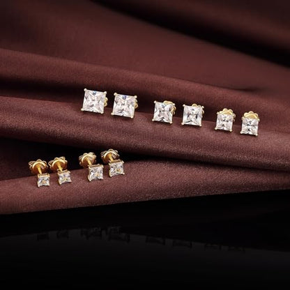 925 Sterling Silver Cubic Zirconia Stud Earrings for Women/Men Hypoallergenic Stud Earrings 4MM-8MM - style: E: Square Stud-Yellow