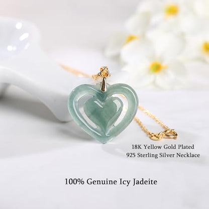 Real Green Jade Pendant Necklace for Women Donut/Heart/Clover/Teardrop/Rose/Lotus Flowers Genuine Jadeite Jewelry with Gold Plated 925 Sterling Silver Chain - style: Heart with yellow gold plated silver necklace
