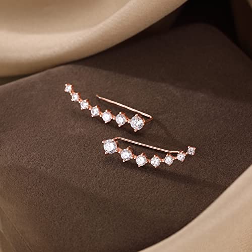 Reffeer Solid 925 Sterling Silver 7 Crystals Cuff Earrings Climber for Women Crawler Earrings Wraps - color: C-Rose Gold