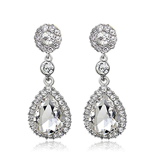 Gorgeous Austrian Crystal Rhinestone Wedding Bridal Teardrop Drop Dangle Earrings - color: Pierced-White