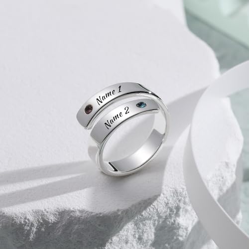 INBLUE Personalized 925 Sterling Silver Spiral Twist Ring for Women Customized Engraving Name/Date with Birthstones Adjustable Open Wrap Band Promise Ring Gift for Wedding Engagement - color: Text & Birthstones