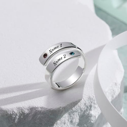 INBLUE Personalized 925 Sterling Silver Spiral Twist Ring for Women Customized Engraving Name/Date with Birthstones Adjustable Open Wrap Band Promise Ring Gift for Wedding Engagement - color: Text & Birthstones