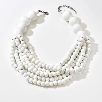 Handmade Layered Wood Bead Necklace for Women - Chunky African Statement Necklace, Natural Khaki Beaded Jewelry, Hypoallergenic & Skin-Safe for Sensitive Skin, Boho Rainbow Inspired Chunky Collar Necklace - color: White