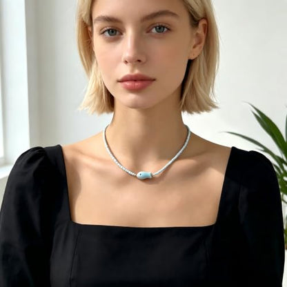 Seed Bead Choker Necklace for Women Bohemian Tiny Beads Choker Colorful Rice Bead Starfish Choker Summer Surfer Beach Necklace Jewelry Gift - color: E-Light Blue Fish