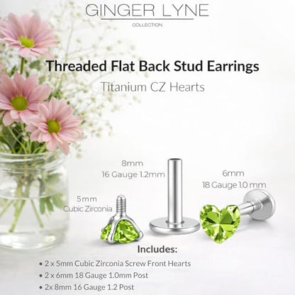 Titanium Heart CZ Labret Stud Earrings for Piercings by Ginger Lyne 6Pc Set G23 Screw Front Flat Back Body Jewelry 2 pair post 6mm, 8mm Cartilage, Helix, Tragus, Lip, Conch, Lobe - color: 5mm-PeridotGreen