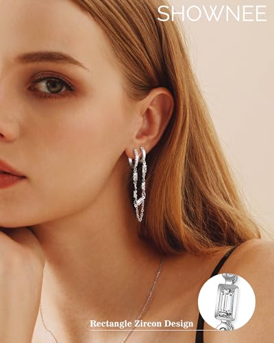 Tassel Chain Small Gold Hoop Dangle Earring For Women Huggie Earring Heart Star CZ 14K Gold Plated Fashion Jewelry Graduation Gift for Her Mothers Day Gifts for Mom - color: Double-Rectangle-Silver