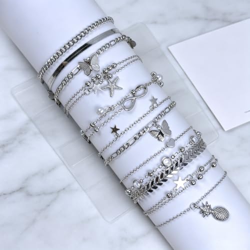 23 Pcs Ankle Bracelet and Toe Ring Set for Women Silver Gold Layered Anklets Foot Chains Adjustable Open Toe Rings Summer Foot Jewelry - style: 23S