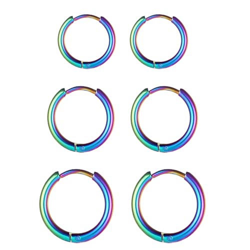 3 Pairs 316L Stainless Steel Small Black Silver Hoop Earrings 8mm 10mm 12mm Hypoallergenic Surgical Earring Cartilage Helix Lobes Hinged Sleeper Ear Jewelry For Men Women - color: colorful