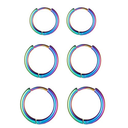 3 Pairs 316L Stainless Steel Small Black Silver Hoop Earrings 8mm 10mm 12mm Hypoallergenic Surgical Earring Cartilage Helix Lobes Hinged Sleeper Ear Jewelry For Men Women - color: colorful