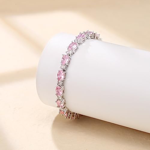 Crysdue Wedding Bridal Bracelets for Brides, Cubic Zirconia Tennis Birthstone Jewelry Gift for Women Prom - style: A_Pink, 6.8-8.2"
