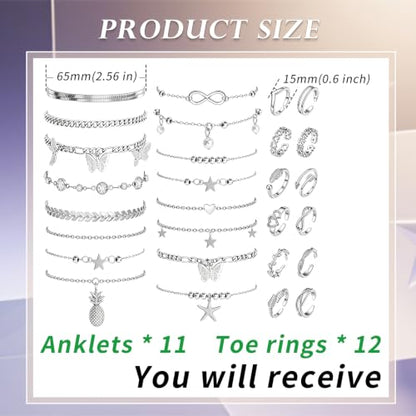 23 Pcs Ankle Bracelet and Toe Ring Set for Women Silver Gold Layered Anklets Foot Chains Adjustable Open Toe Rings Summer Foot Jewelry - style: 23S