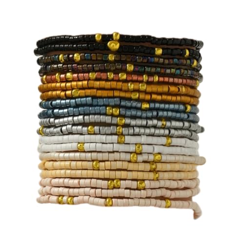 Cute Handmade Colorful Tiny Seed Beads Stackable Bracelets Set Bohemian Gold Beaded Elastic Multilayered Stretch Bracelet for Women Rainbow Surfer Boho Beach Jewelry - style: Set C