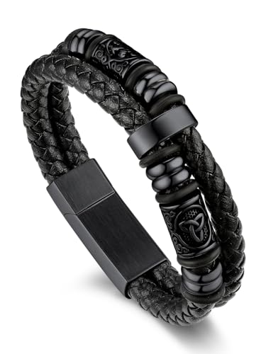 Bandmax Men's Black Double Wax Rope Bracelet Waterproof Stainless Steel Norse Style Celtic Knot Beads Wristband 7-9 Inch Gift for Men Father Husband Son Grandson - color: 02 Black Tone, size: 9.8 Inches (25cm)