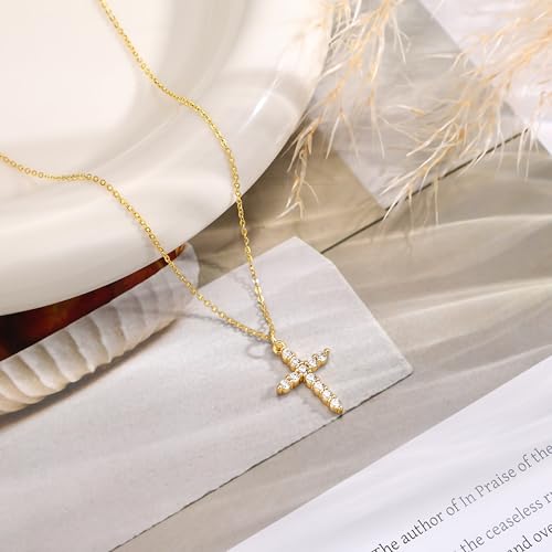 Carffordo 925 Sterling Silver Cross Necklace, Dainty Necklace for Women | Simple Small Cross Pendant Necklace, Sterling Silver/16K Gold Plated Non-Tarnish Faith Jewelry, Christian Religious Gifts - style: Gold Cubic Zirconia Cross