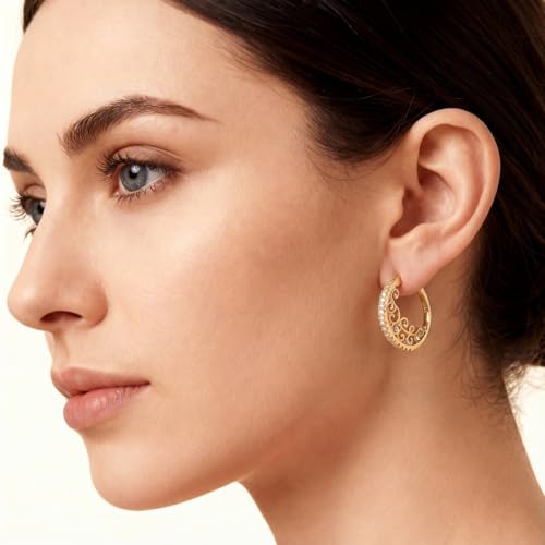 Parmuz 925 Sterling Silver Earrings Hoops for Women Ladies Simple Lightweight Twisted Medium Hoop Earrings With Cubic Zirconia Hypoallergenic Jewelry for Her - color: Gold 6