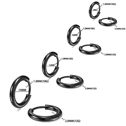 316L Surgical Stainless Steel Small Hoop Earrings 8mm 10mm 12mm 14mm Hypoallergenic Huggie Hoop Earrings Helix Lobes Hinged Sleeper Earrings Cartilage Piercings - color: G: Black (Diameter 8mm/10mm/12mm/14mm),4 Pairs