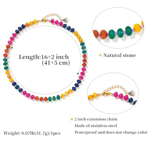 Joya Love Colorful Gemstone Beaded Necklaces For Women Trendy Rainbow Natural Stone Boho Handmade Stainless Steel Waterproof Strand Necklaces Jewelry For Women Gift - color: Red jump colour