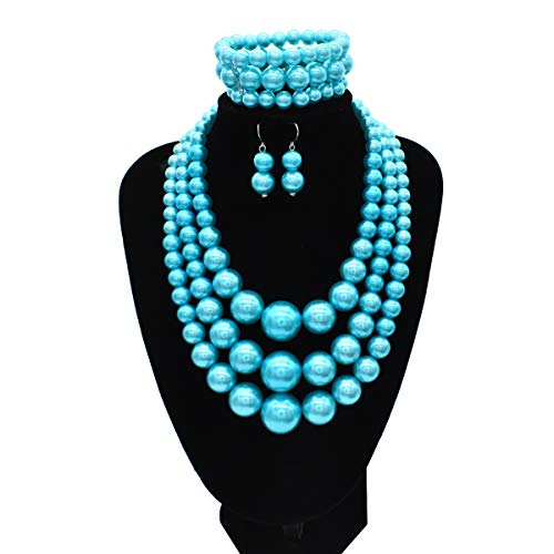 We We Imitation Pearl Necklace for Women Large Chunky Pearl Necklaces Multilayer Pearl Necklace and Earring 1920s Costume Jewelry set - color: sky blue pearl necklace set