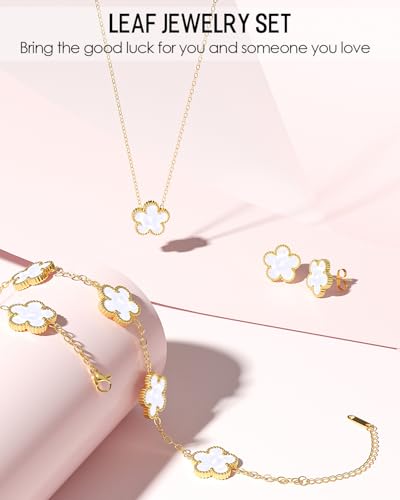 AICase Clover Jewelry Set,18K Gold Plated Lucky Clover Bracelet,Four Leaf Clover Necklace and Clover Earrings Fashion Jewelry Sets Gifts for Women/Mon - color: White
