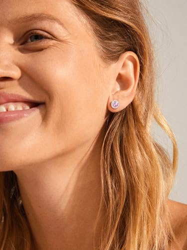 FindChic Birthstone Earrings for Women, Round/Heart/Square/Teardrop Earrings with 925 Sterling Silver Posts & Push Backs, Hypoallergenic Studs with Cubic Zirconia, 12 Months Jewelry with Gift Box - style: 10. October-Pink Tourmaline (Round)