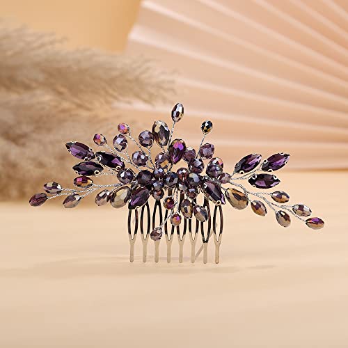 Teyglen Rhinestone Wedding Headpieces Bridal Purple Crystal Hair Comb Hair Accessories for Bride Handmade Red Black Blue Hair Pieces for Women Girls - color: Purple