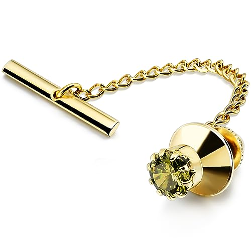 HAWSON Mens Tie Tack with Chain Round Crystal Wedding Business Accessories - color: Gold + Olivine
