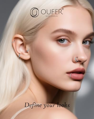 OUFER Turquoise CZ Opal Nose Rings for Women, 316L Surgical Steel 6MM Nose Rings Hoops, Silver Hinged Segment Septum Lip Eyebrow Cartilage Conch Rook Helix Tragus Daith Piercing Jewelry-6/7/8MM - color: Silver, Turqoise and Opal