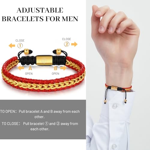 Braided Leather Bracelets for Men 18K Gold Plated Cuff Adjustable | Stainless Steel Franco Chain Link, Mens Bracelet Leather, Handwoven Jewelry Gift for Husband Dad Son