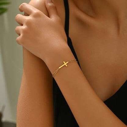 18K Gold Plated Pearl Beaded Cross Bracelets for Women Adjustable Stainless Steel Dainty Thin Gold Box Cuban Twisted Link Chain Bracelet Bridesmaid Jewelry Gifts - color: Double O Cross-Gold