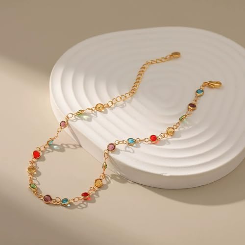 Ankle Bracelets for Women 18K Gold Plated Anklet for Women Gold Charm Anklet Waterproof Summer Beach Foot Chain Jewelry Gifts - style: round colorful cubic zirconia
