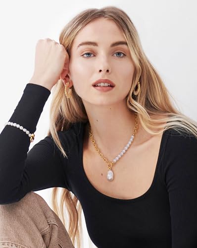 Aobei Pearl 18K Gold Plated Pendant Necklace for Women Dainty Gold Chain Choker Love Heart Disc Coin Pearl Cross Toggle Jewelry - style: Baroque Pearl