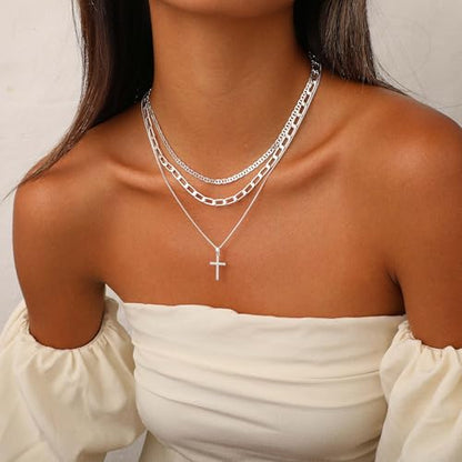 Layered Gold Cross Necklaces for Women, Stack Stackable 14K Gold/Silver Plated Cubic Zirconia Pendant Necklace Set Dainty Choker Layering Necklaces for Women Faith Jewelry Religious Gift - style: Silver-1
