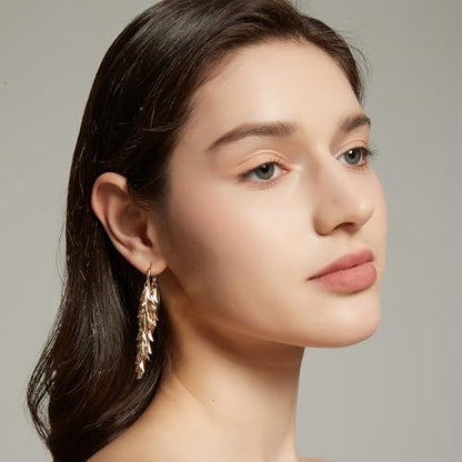 Sylph 14K 18K Gold Plated Chandelier Earrings for Women, Long Tassel Earring Huggie, Silver Leaf Dangle Drop Earrings, Dainty Bohemian Jewelry Gifts for Wedding Everyday Wear - color: A-18K Gold Plated Chandelier Earrings
