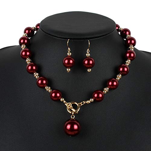 COLORFUL BLING Chunky Multicolor Simulated Pearl Choker Necklace Drop Dangle Earrings Bracelet Set Crystal Bib Big Large Round Beaded Strand for Women Brides Costume Statement 1920s Wedding Jewelry - color: Wine Red