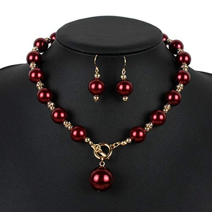 COLORFUL BLING Chunky Multicolor Simulated Pearl Choker Necklace Drop Dangle Earrings Bracelet Set Crystal Bib Big Large Round Beaded Strand for Women Brides Costume Statement 1920s Wedding Jewelry - color: Wine Red