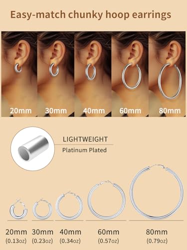 FindChic Hoop Earrings for Women, Silver/Black/14K Gold Plated Hypoallergenic Hollow Round Tube Loop Earrings, 20mm/30mm/40mm/60mm/80mm Chunky Hoops with Custom Name Options & Gift Box - color: b.Silver, size: 20MM