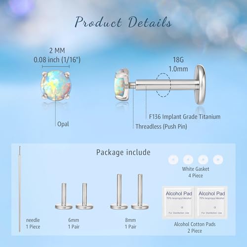 limerencia G23 Hypoallergenic 18g Flat Back Stud Earrings | F136 Implant Grade Titanium Pressfit Threadless Push Pop in Cartilage Helix Labret Lip Monroe Tragus Flat Back Piercing Studs - color: 2mm White Qpal sliver