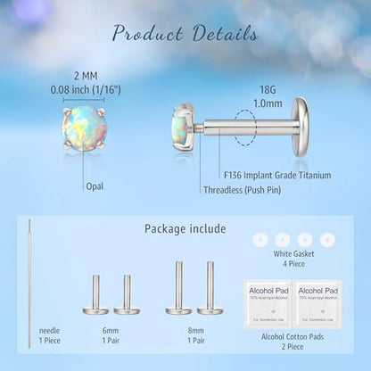 limerencia G23 Hypoallergenic 18g Flat Back Stud Earrings | F136 Implant Grade Titanium Pressfit Threadless Push Pop in Cartilage Helix Labret Lip Monroe Tragus Flat Back Piercing Studs - color: 2mm White Qpal sliver