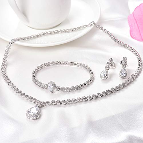 Jewelry Set for Women, Necklace Dangle Earrings Bracelet Set with White AAA Cubic Zirconia, Allergy Free Wedding Party Jewelry for Bridal Bridesmaid - color: Necklace + Earrings-Bracelet-flower