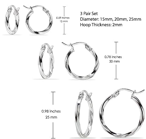 Hoops & Loops 925 Sterling Silver Twisted Hoop Earrings for Women - Hypoallergenic 14K Gold, Rose Gold, Black Flash Plated 2mm Thin Twist Design Round Click-Top Hoops, 15/20/25/30/35/40/50/60mm - color: 15,20,25mm - Silver