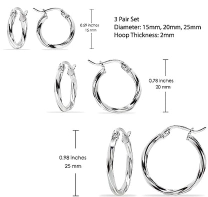 Hoops & Loops 925 Sterling Silver Twisted Hoop Earrings for Women - Hypoallergenic 14K Gold, Rose Gold, Black Flash Plated 2mm Thin Twist Design Round Click-Top Hoops, 15/20/25/30/35/40/50/60mm - color: 15,20,25mm - Silver