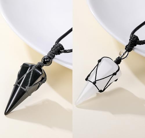 Top Plaza Mens Necklace, Crystal Gemstone Protection Pendant Necklace | Healing Crystals Necklace for Men Adjustable 6 Facet Pointed Necklace Energy Natural Quartz Protect Jewelry Gifts - color: Black Rope - Clear Quartz+Black Obsidian