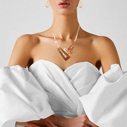 SFE Irregular Enamel Triangle Shape shell Collar Bib Bohemian Boho Statement Necklace Earrings Fashion Costume Jewelry Set for Women - color: Champagne-Gold Plated