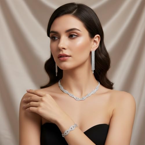 Silver Jewelry Sets for Women Rhinestone Necklace Dangle Earrings Bracelet Set Bridal Wedding Jewelry Sets for Brides Bridemaid Prom Costume Accessories Jewelry - style: Silver Jewelry Set style2