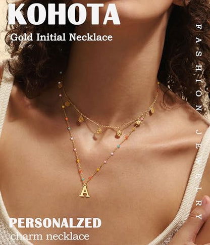 KOHOTA Colorful Beaded Initial Necklace for Women Trendy Pendant Necklace | 14K Gold Plated Initial Necklace for Women, Dainty Personalized Letter A-Z Necklace, Summer Beach Jewelry Birthday Gifts - color: E