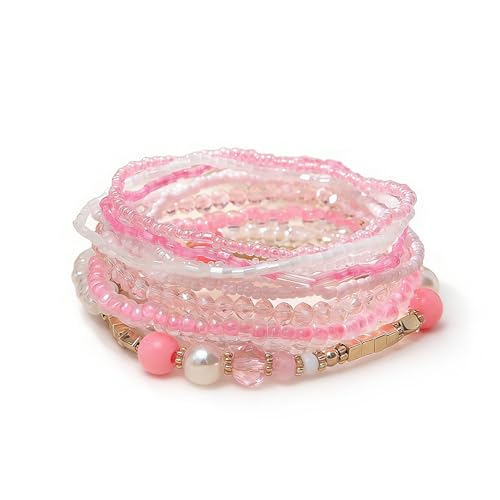 Handmade Stackable Rice Seed Beaded Ball Bracelets set for women, Romantic Boho Trendy Acrylic Glass Stretch Accessories Multi Layer Jewelry, Daily Wear Party Holiday Friendship Gift - color: Pink