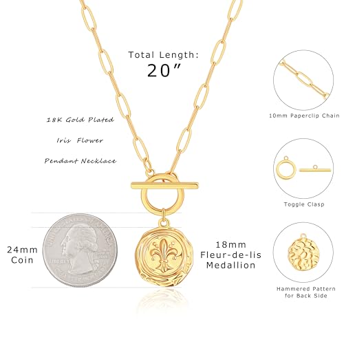 Aobei Pearl 18K Gold Plated Pendant Necklace for Women Dainty Gold Chain Choker Love Heart Disc Coin Pearl Cross Toggle Jewelry - style: Iris Flower Pendant