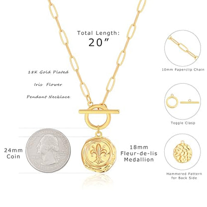 Aobei Pearl 18K Gold Plated Pendant Necklace for Women Dainty Gold Chain Choker Love Heart Disc Coin Pearl Cross Toggle Jewelry - style: Iris Flower Pendant
